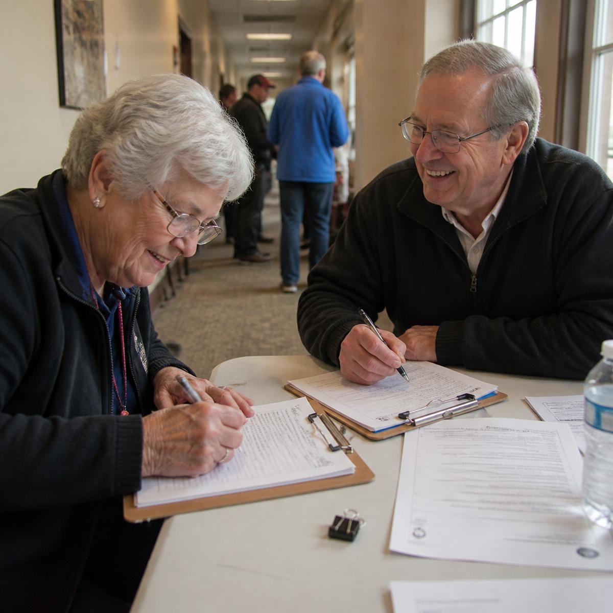 Residents chatting with a pharmacist at a wellness screening table