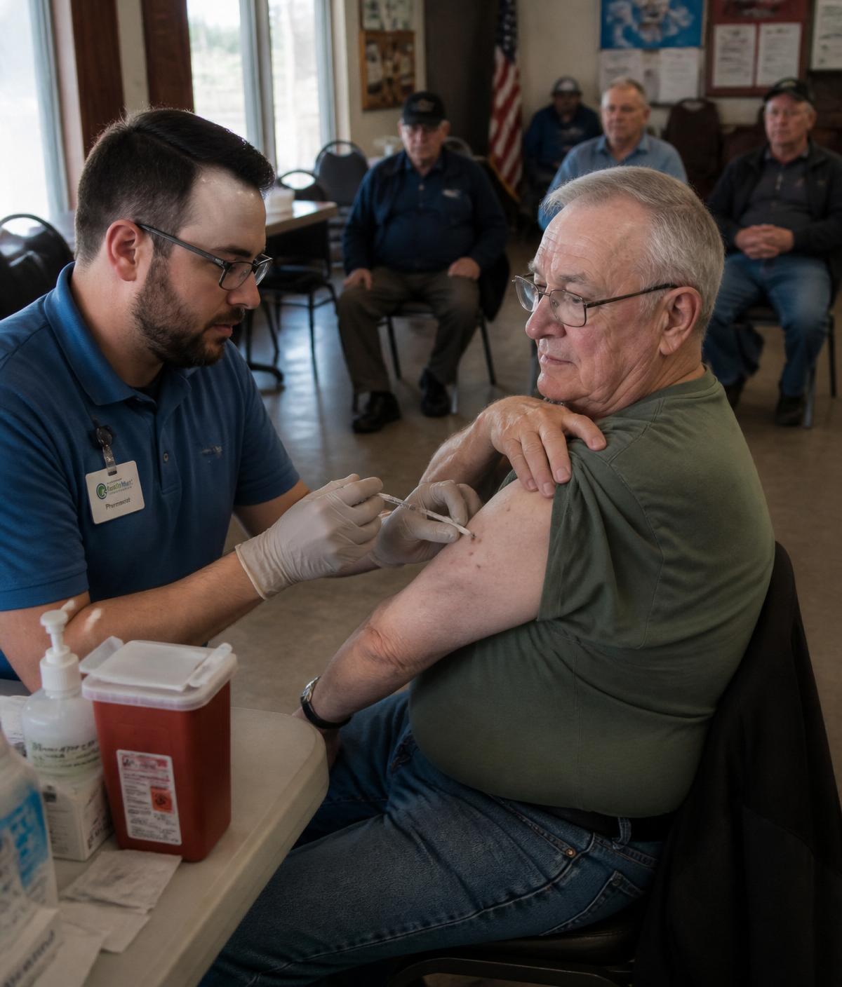 Anchor pharmacist administering a vaccine to a smiling senior at a community wellness event